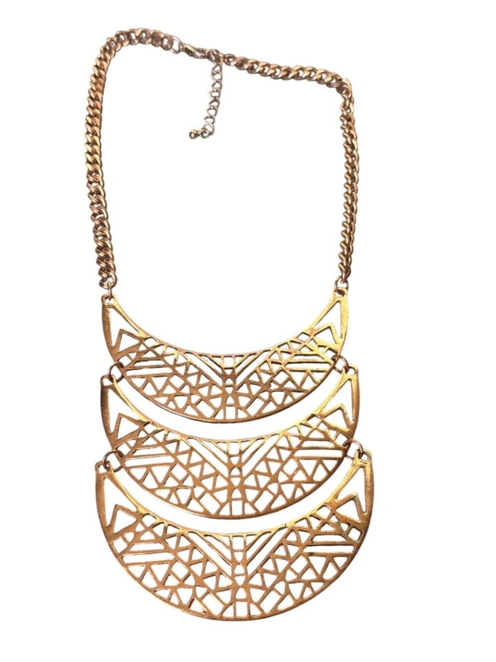 Goldtone Geometric Bib Necklace 14 - 16 inches Long Fading on Chain and Clasp